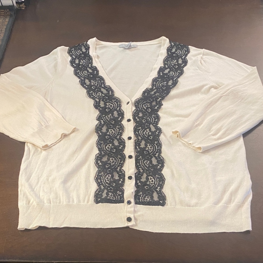 H&M Cream Cardigan with Black Lace Detail